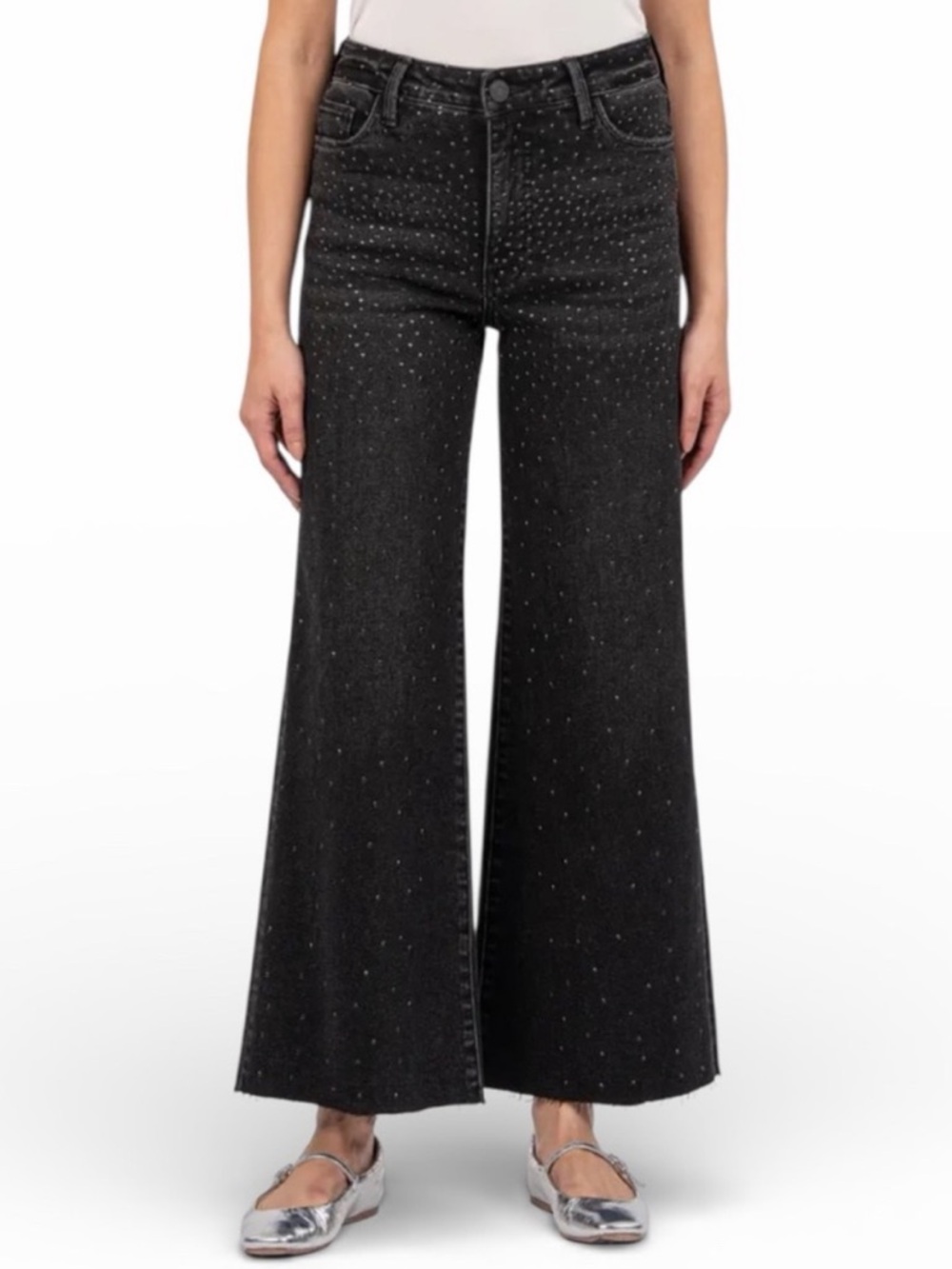Kut from the Kloth Meg Embellished Raw Hem High Waist Ankle Wide Leg Jeans